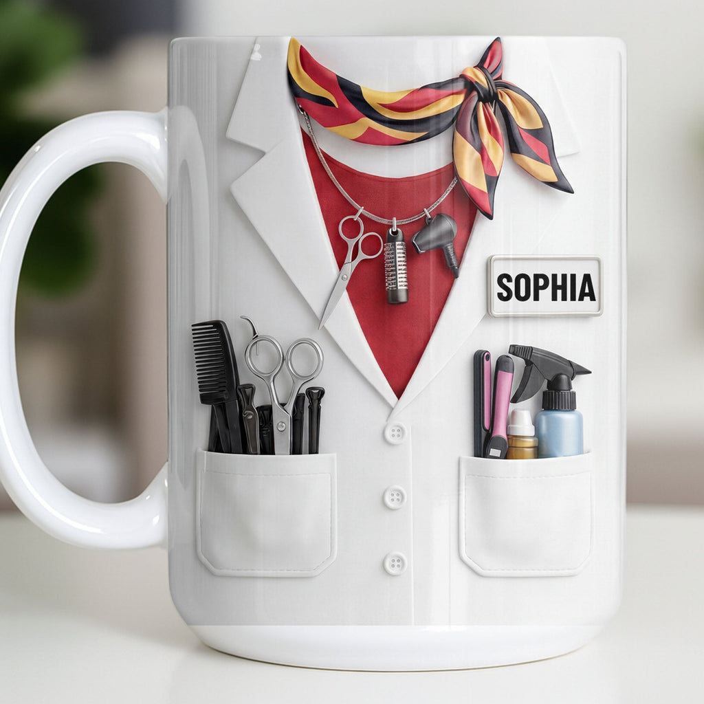 Personalized Coffee Mug for Hair Stylist with Comb & Scissor Design Edge-to-edge Mug GradoCreations