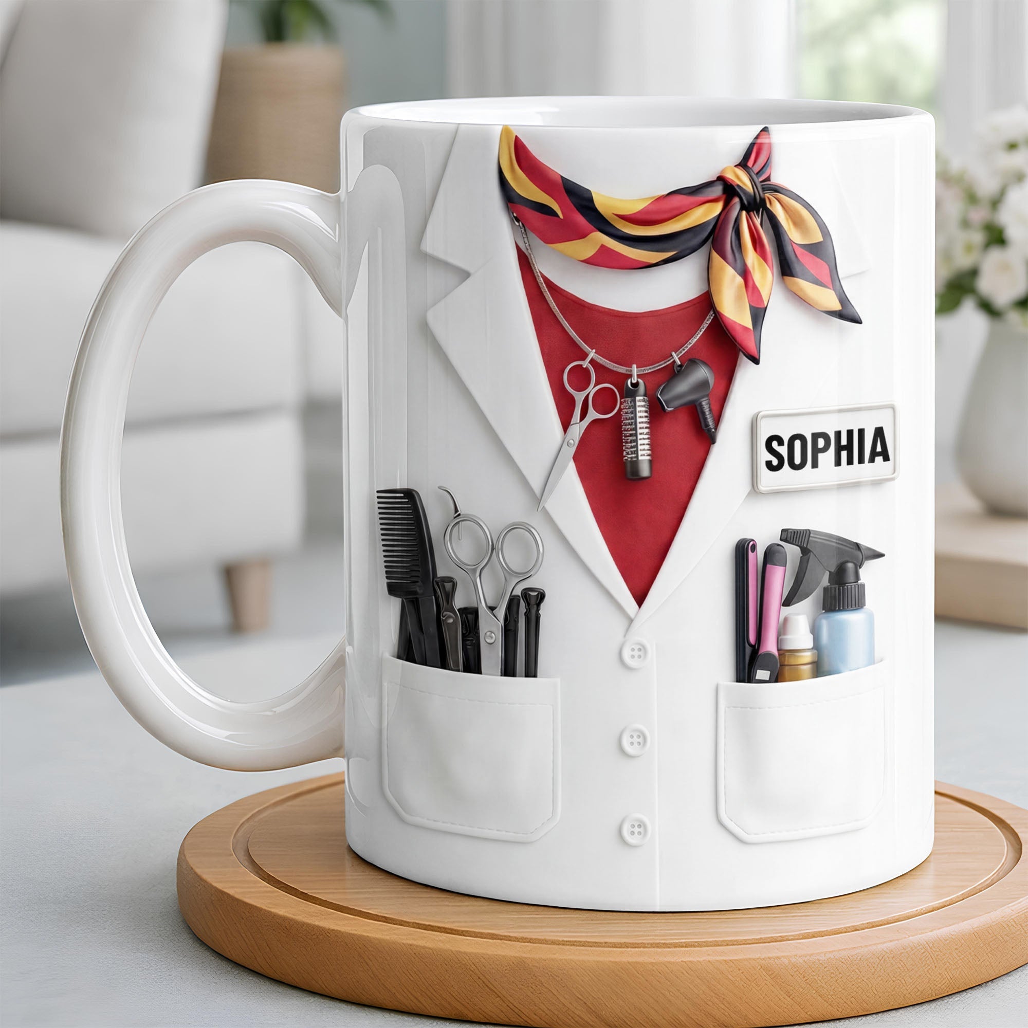Personalized Coffee Mug for Hair Stylist with Comb & Scissor Design Edge-to-edge Mug GradoCreations