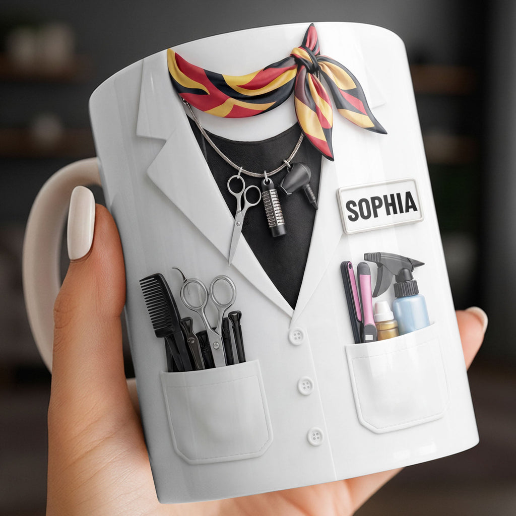 Personalized Coffee Mug for Hair Stylist with Comb & Scissor Design Edge-to-edge Mug GradoCreations