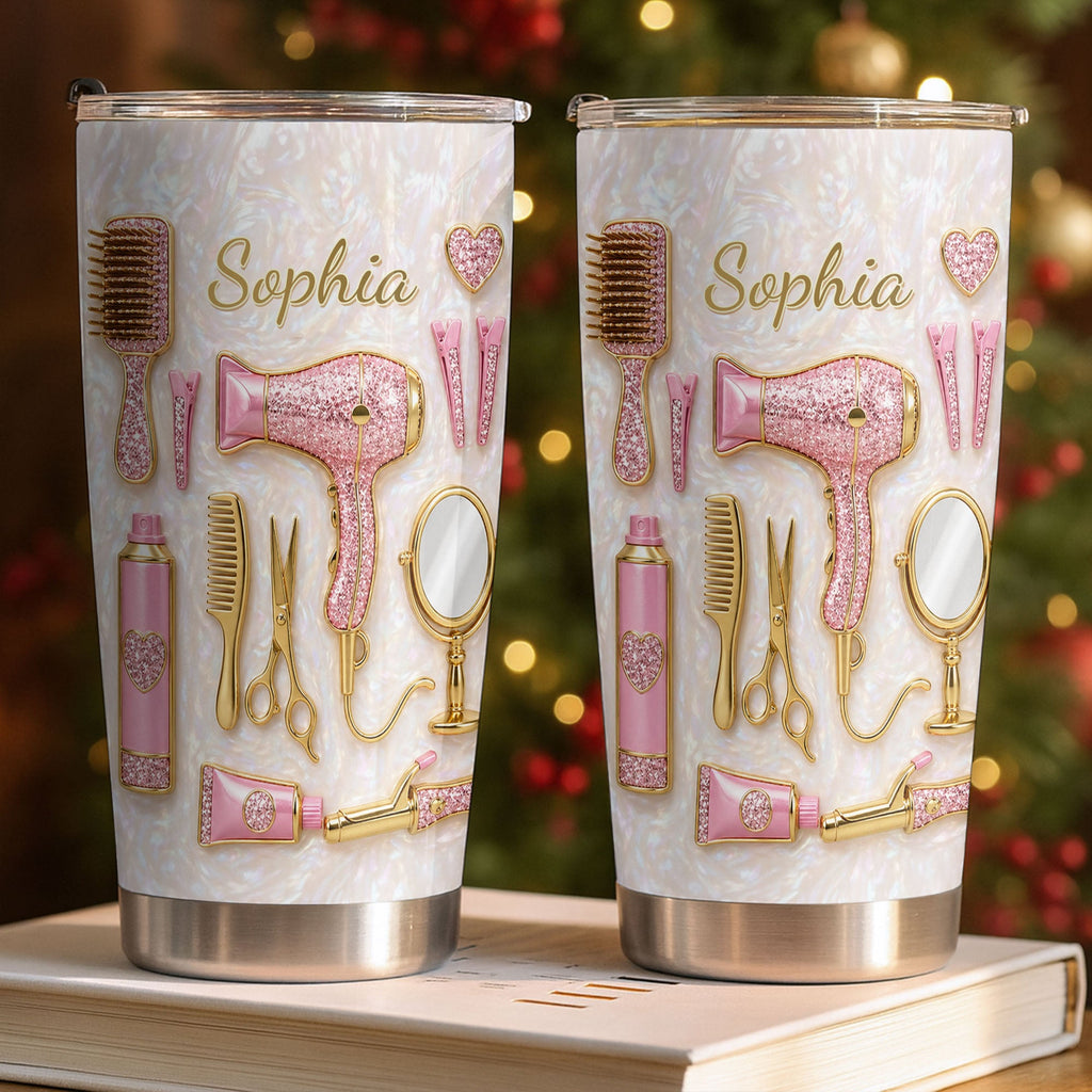Personalized Hair Stylist Tumbler Custom Name Glitter Hearts 20oz 20oz Tumbler GradoCreations