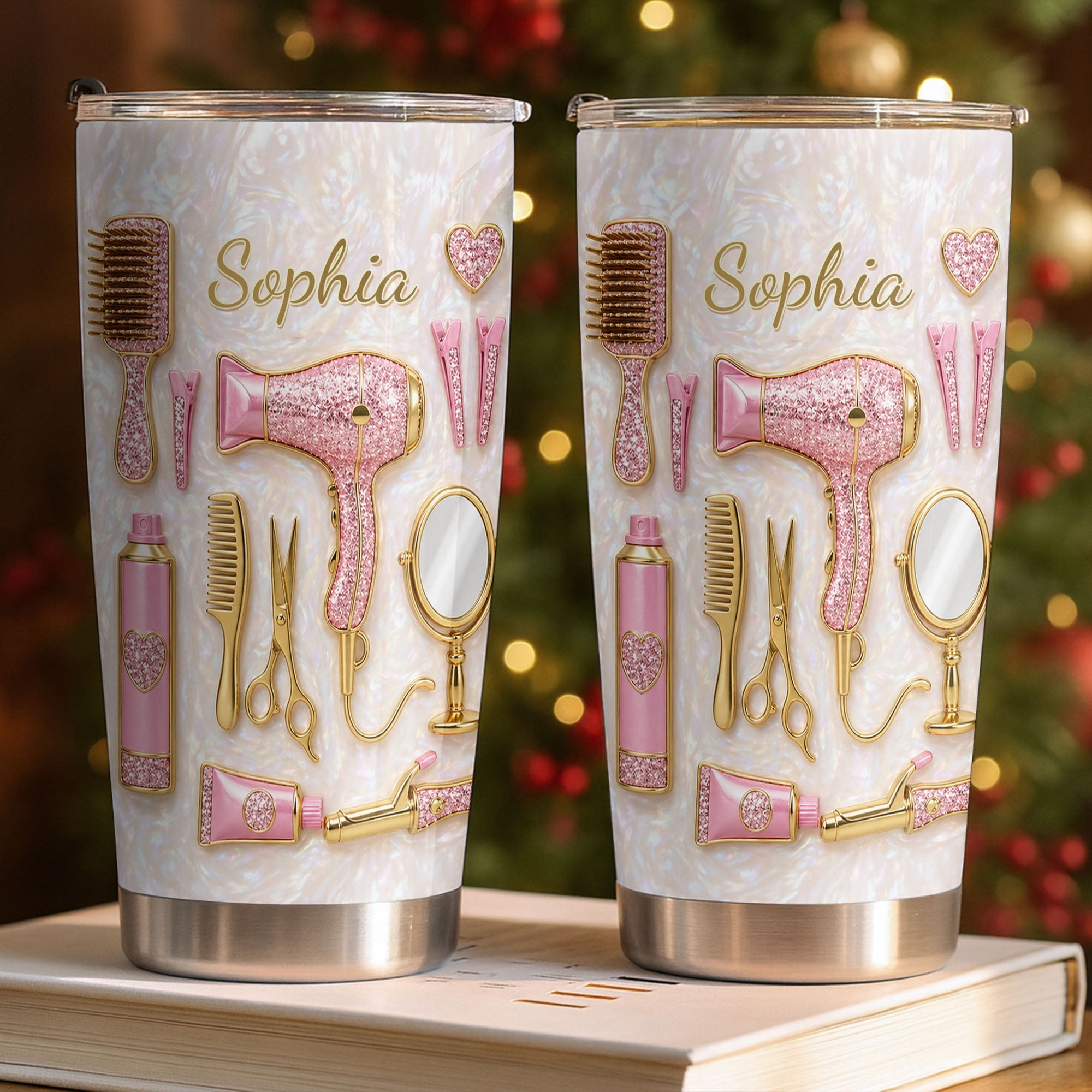 Personalized Hair Stylist Tumbler Custom Name Glitter Hearts 20oz 20oz Tumbler GradoCreations