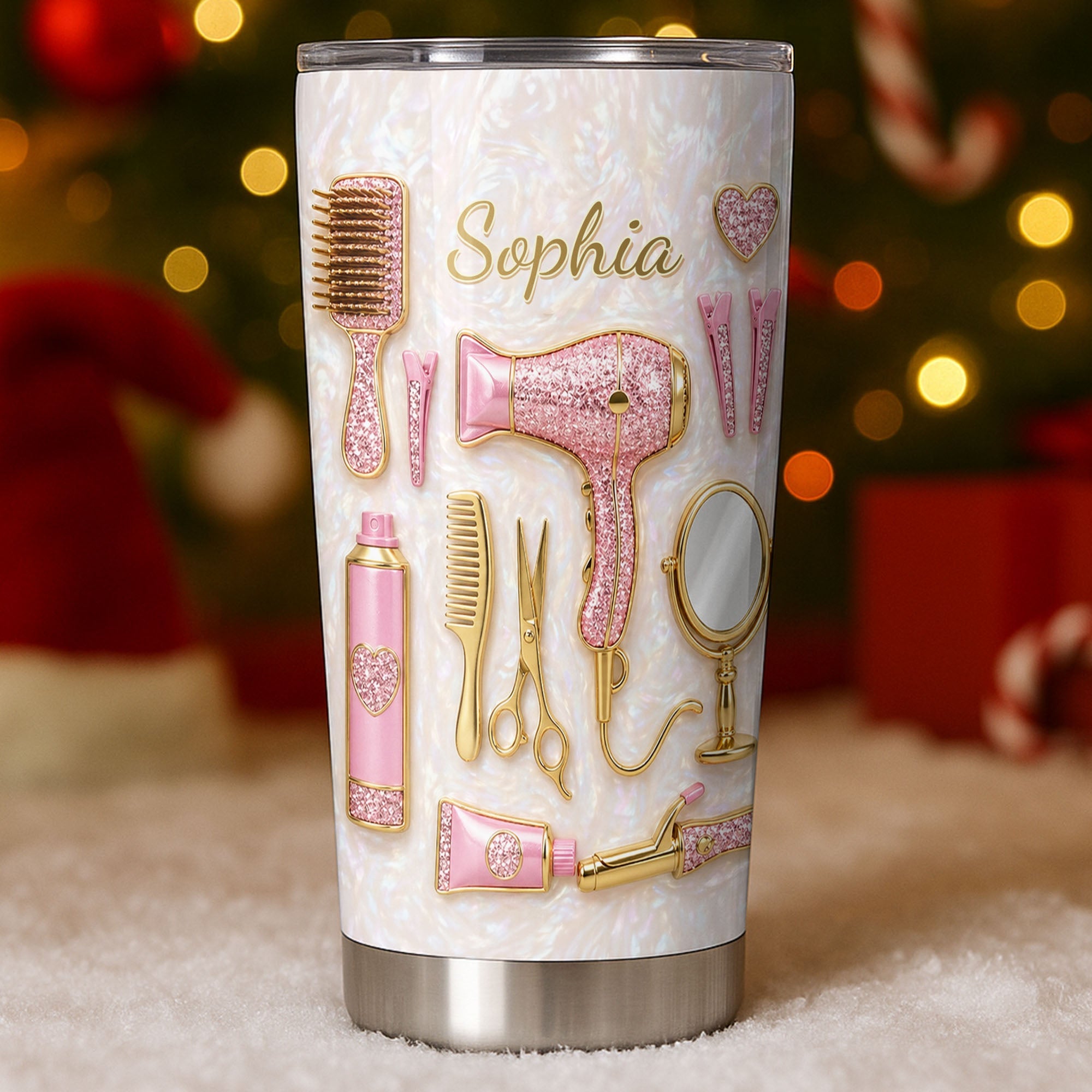 Personalized Hair Stylist Tumbler Custom Name Glitter Hearts 20oz 20oz Tumbler GradoCreations