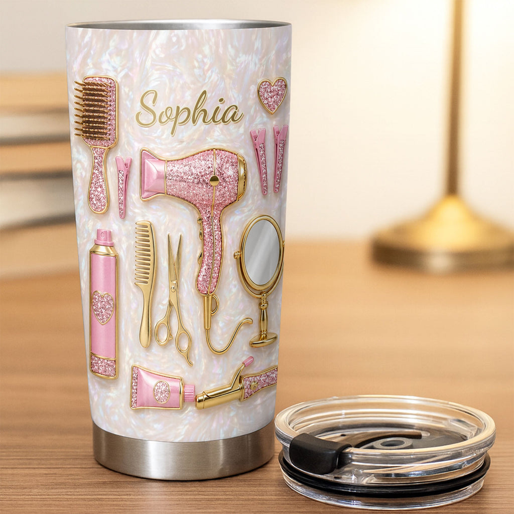 Personalized Hair Stylist Tumbler Custom Name Glitter Hearts 20oz 20oz Tumbler GradoCreations