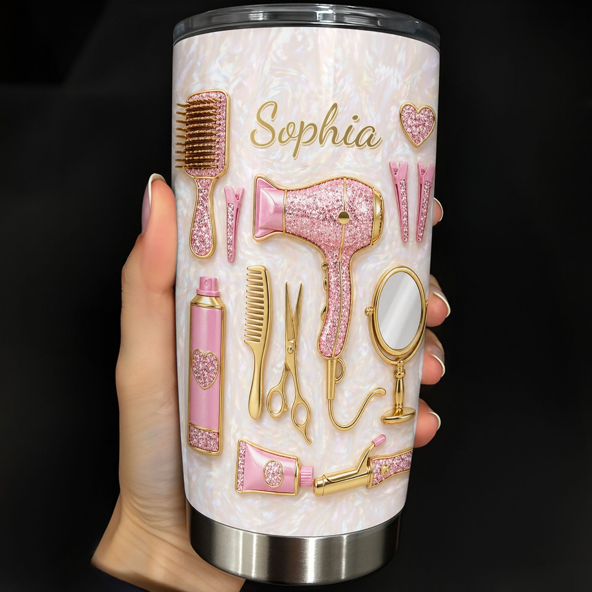 Personalized Hair Stylist Tumbler Custom Name Glitter Hearts 20oz 20oz Tumbler GradoCreations