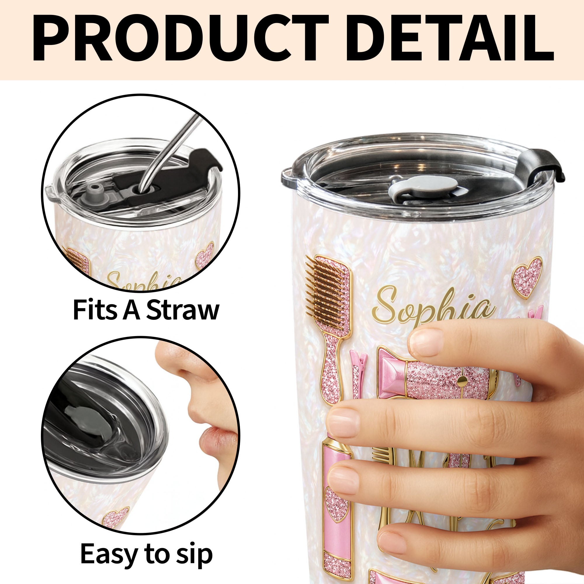 Personalized Hair Stylist Tumbler Custom Name Glitter Hearts 20oz 20oz Tumbler GradoCreations