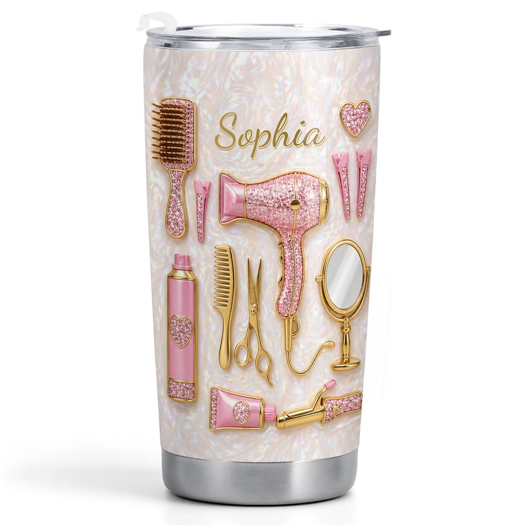 Personalized Hair Stylist Tumbler Custom Name Glitter Hearts 20oz 20oz Tumbler GradoCreations