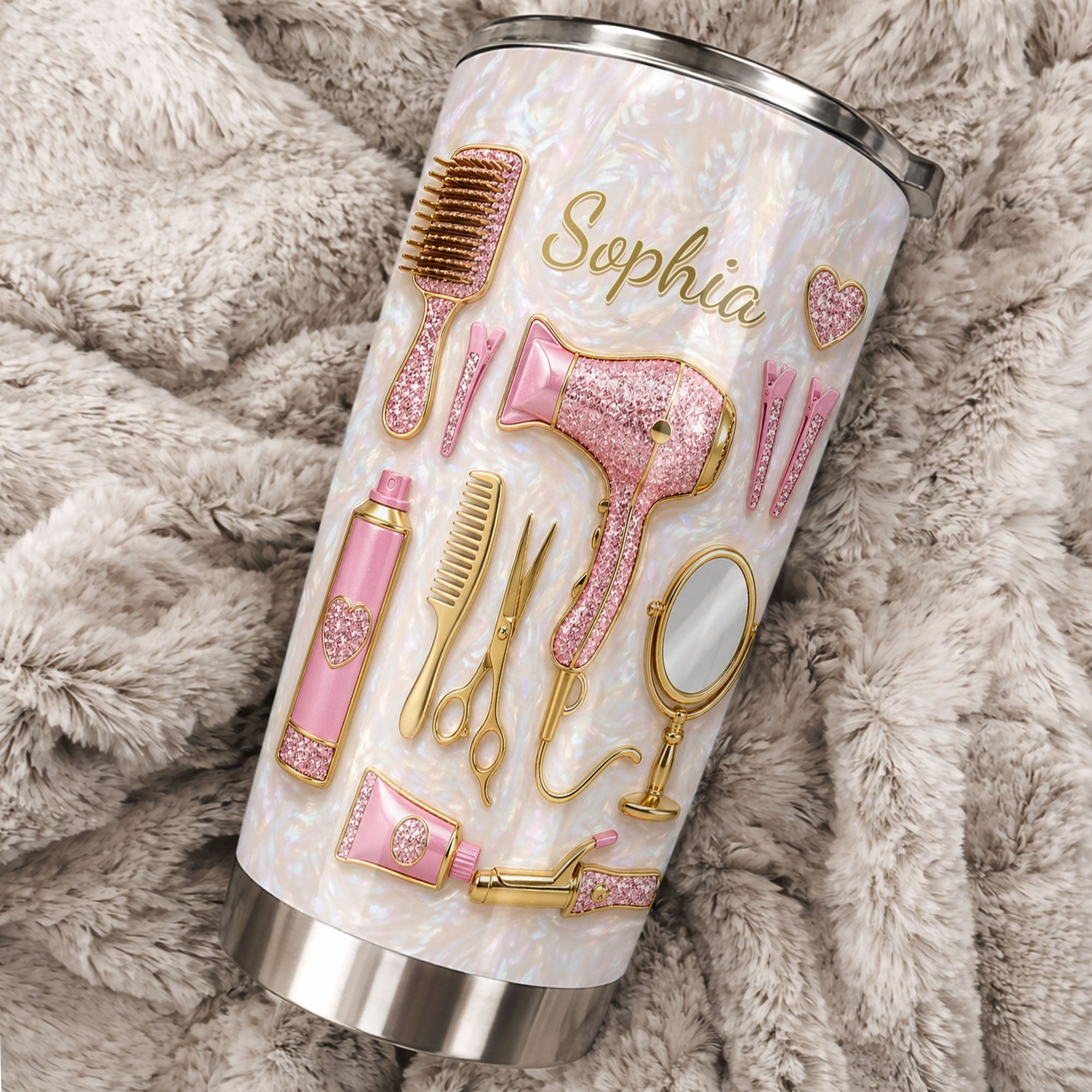 Personalized Hair Stylist Tumbler Custom Name Glitter Hearts 20oz 20oz Tumbler GradoCreations