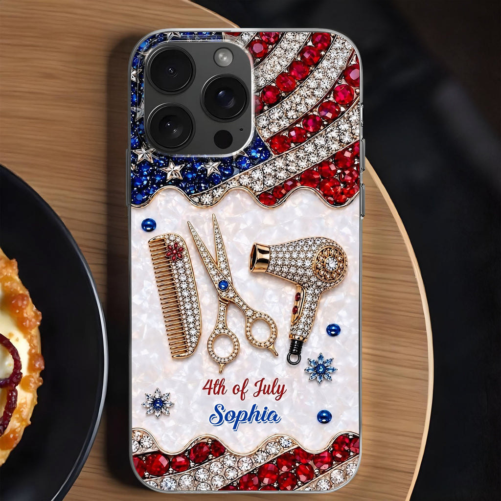Personalized 4th of July Clear Phone Case with American Flag for Hair Stylist Clear Phone Case GradoCreations