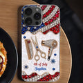 Personalized 4th of July Clear Phone Case with American Flag for Hair Stylist Clear Phone Case GradoCreations