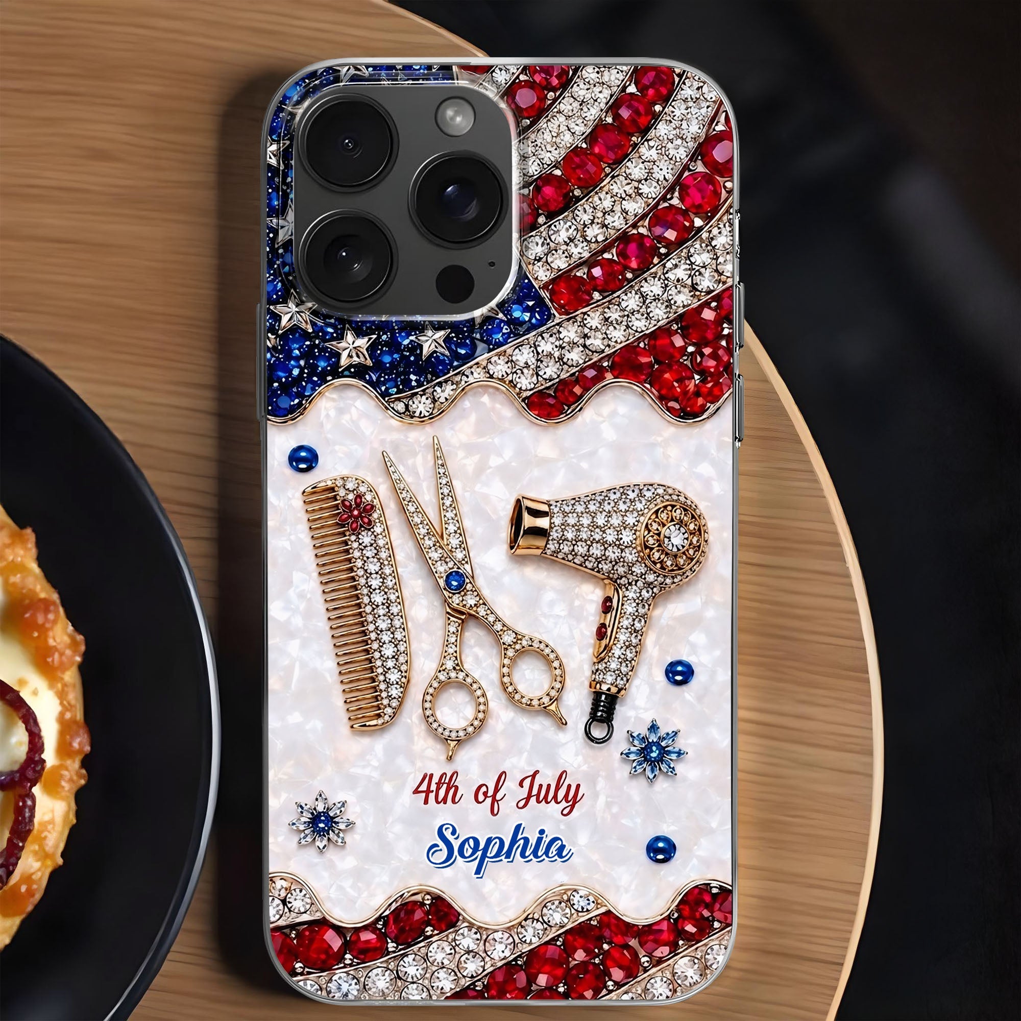 Personalized 4th of July Clear Phone Case with American Flag for Hair Stylist Clear Phone Case GradoCreations