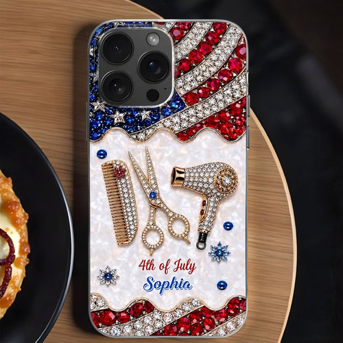 Personalized 4th of July Clear Phone Case with American Flag for Hair Stylist Clear Phone Case GradoCreations