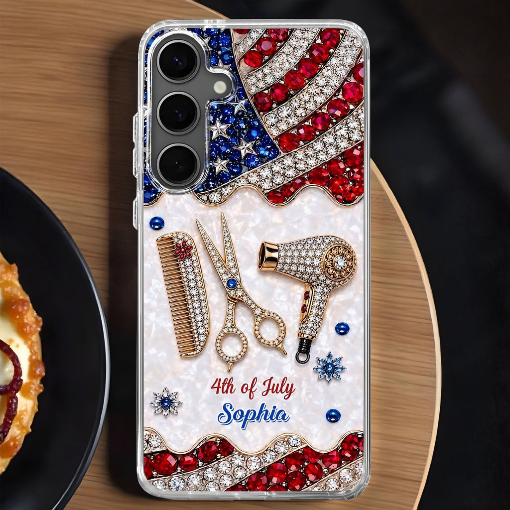 Personalized 4th of July Clear Phone Case with American Flag for Hair Stylist Clear Phone Case GradoCreations