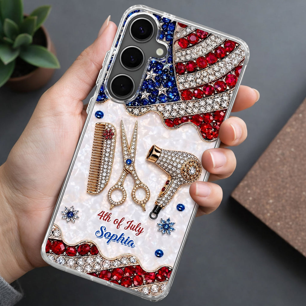 Personalized 4th of July Clear Phone Case with American Flag for Hair Stylist Clear Phone Case GradoCreations