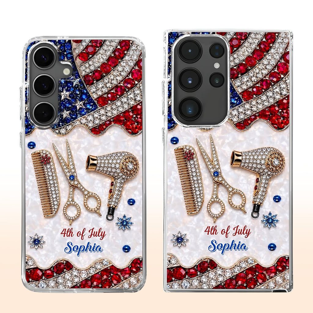 Personalized 4th of July Clear Phone Case with American Flag for Hair Stylist Clear Phone Case GradoCreations