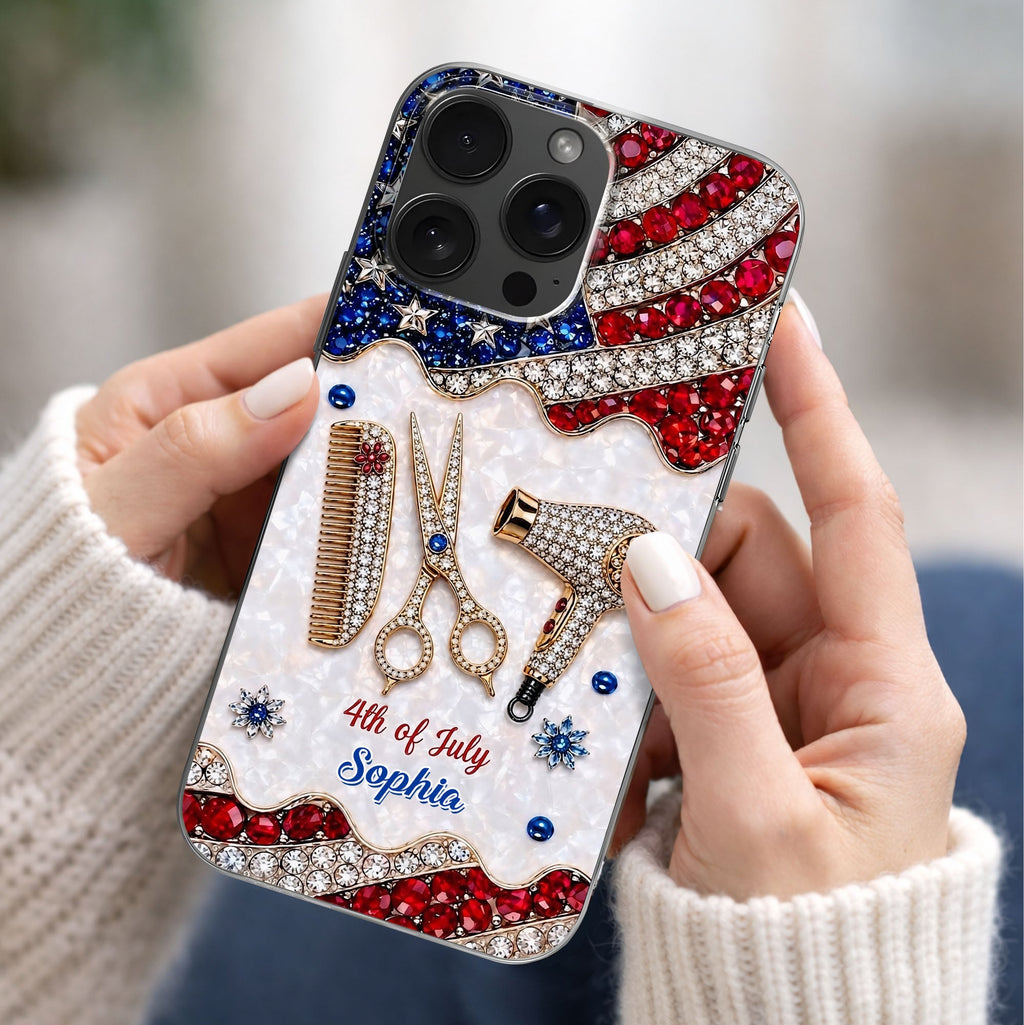 Personalized 4th of July Clear Phone Case with American Flag for Hair Stylist Clear Phone Case GradoCreations