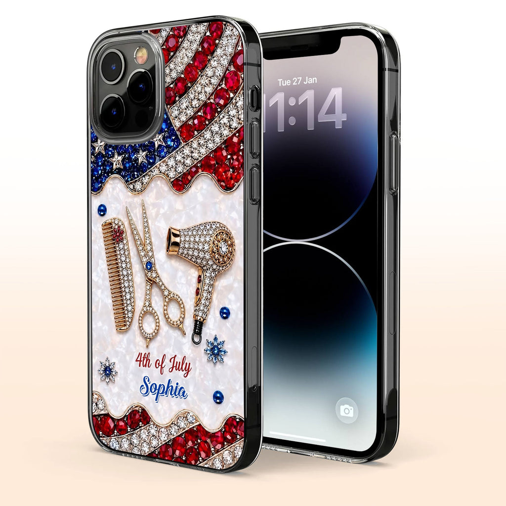 Personalized 4th of July Clear Phone Case with American Flag for Hair Stylist Clear Phone Case GradoCreations