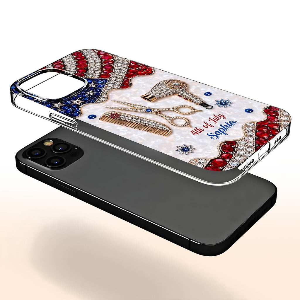 Personalized 4th of July Clear Phone Case with American Flag for Hair Stylist Clear Phone Case GradoCreations