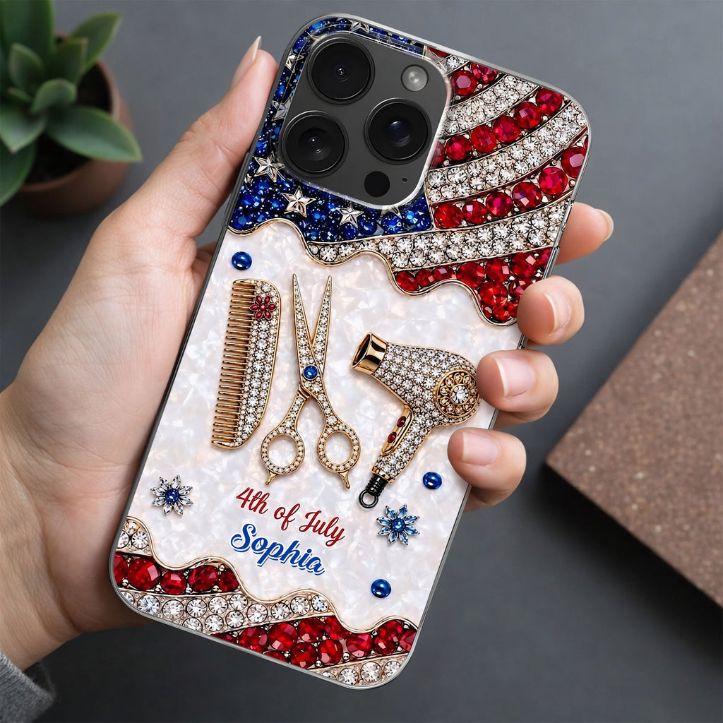 Personalized 4th of July Clear Phone Case with American Flag for Hair Stylist Clear Phone Case GradoCreations