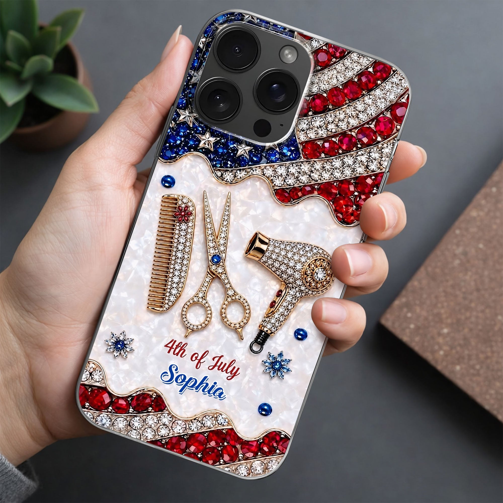 Personalized 4th of July Clear Phone Case with American Flag for Hair Stylist Clear Phone Case GradoCreations