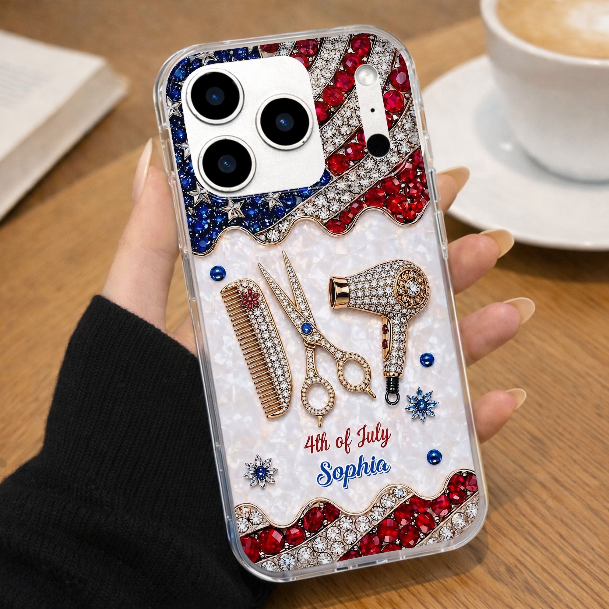 Personalized 4th of July Clear Phone Case with American Flag for Hair Stylist Clear Phone Case GradoCreations