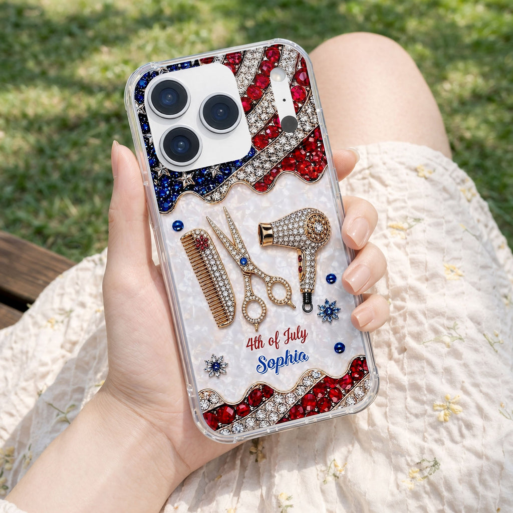 Personalized 4th of July Clear Phone Case with American Flag for Hair Stylist Clear Phone Case GradoCreations
