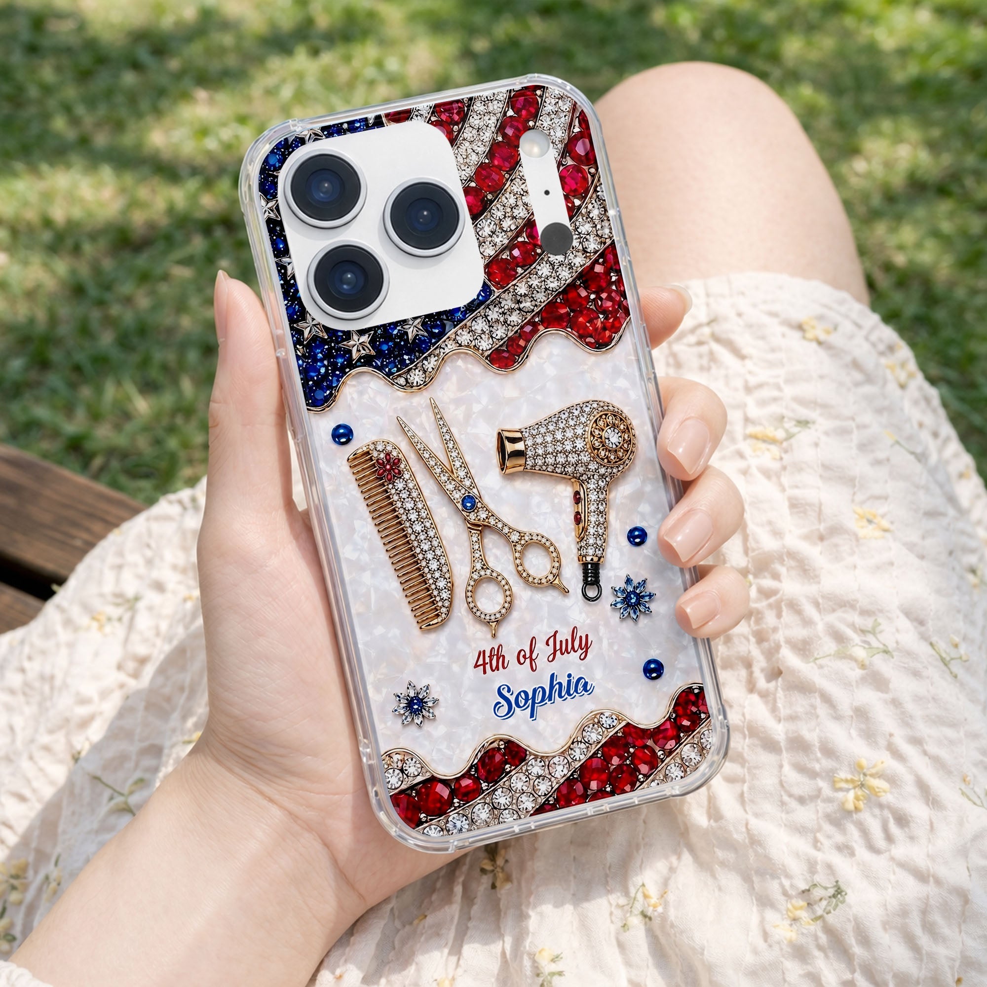 Personalized 4th of July Clear Phone Case with American Flag for Hair Stylist Clear Phone Case GradoCreations