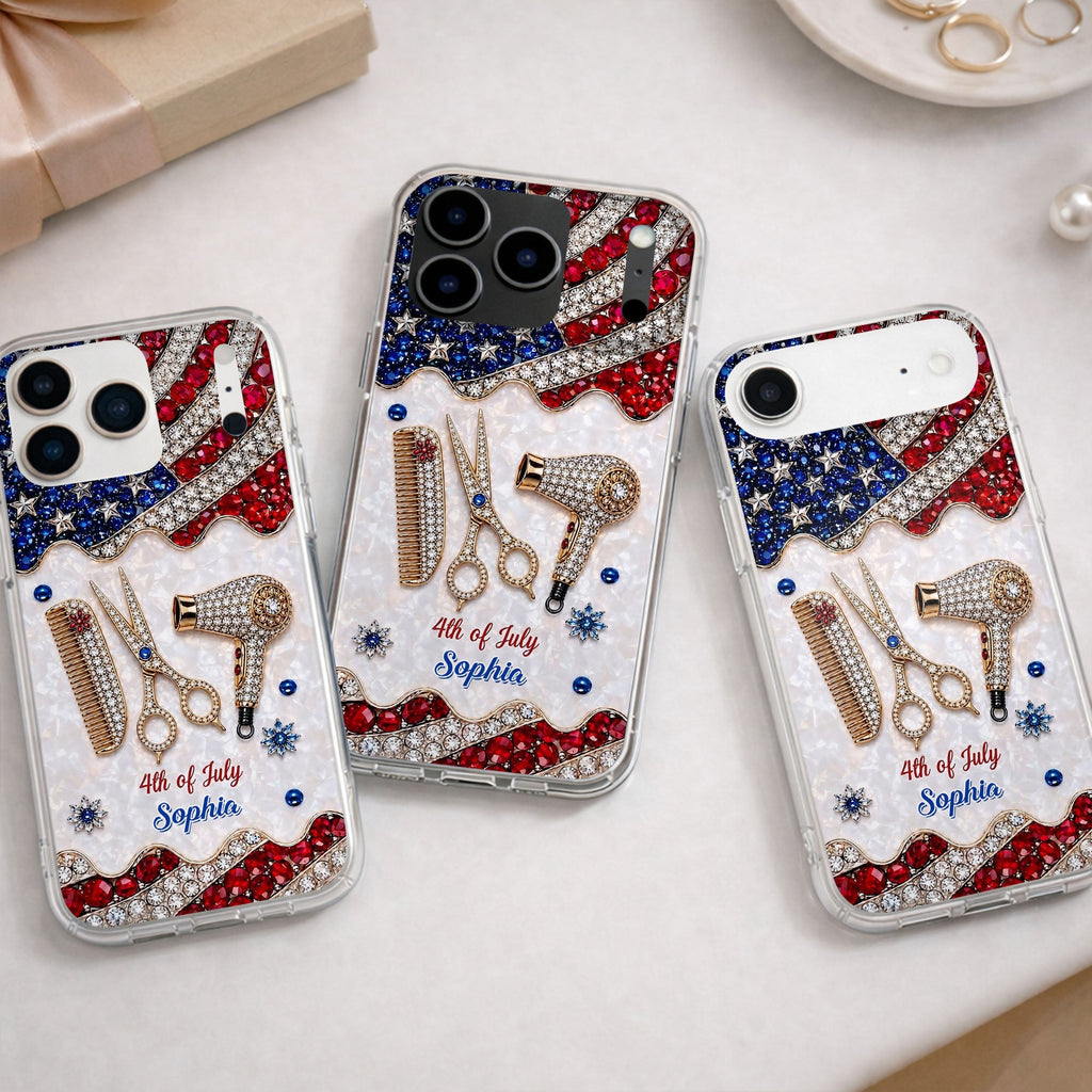 Personalized 4th of July Clear Phone Case with American Flag for Hair Stylist Clear Phone Case GradoCreations