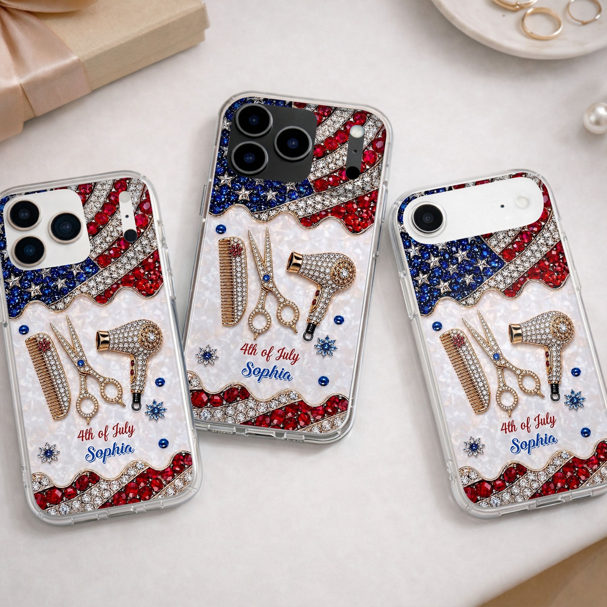 Personalized 4th of July Clear Phone Case with American Flag for Hair Stylist Clear Phone Case GradoCreations