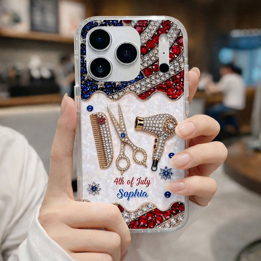 Personalized 4th of July Clear Phone Case with American Flag for Hair Stylist Clear Phone Case GradoCreations