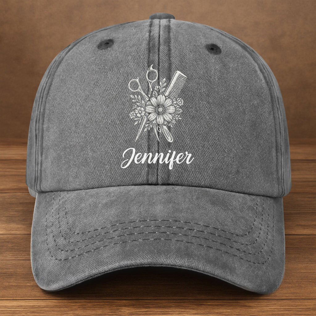 Personalized Washed Denim Cap Flower Scissors Gift for Hairstylist