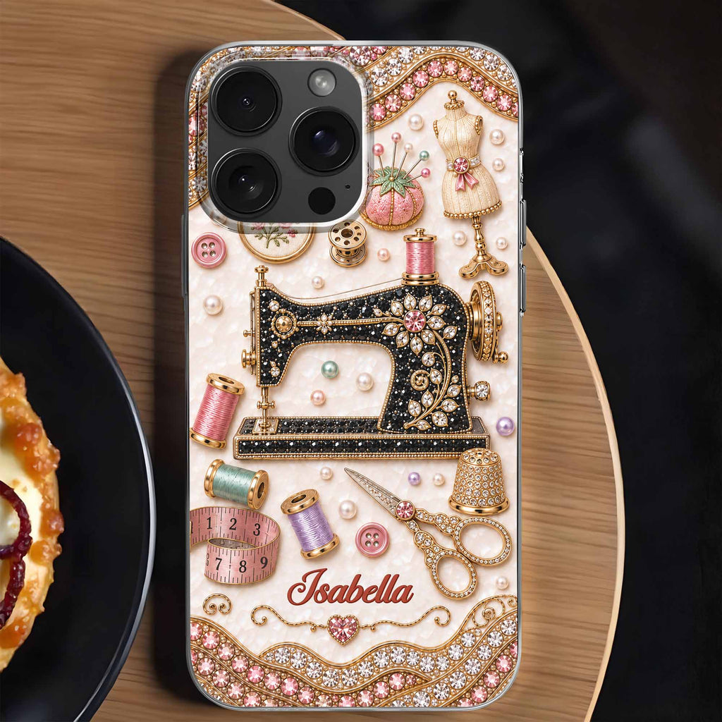 Personalized Clear Phone Case with 3D Rhinestone Sewing Design for Mom, Grandma, Craft Lovers Clear Phone Case GradoCreations