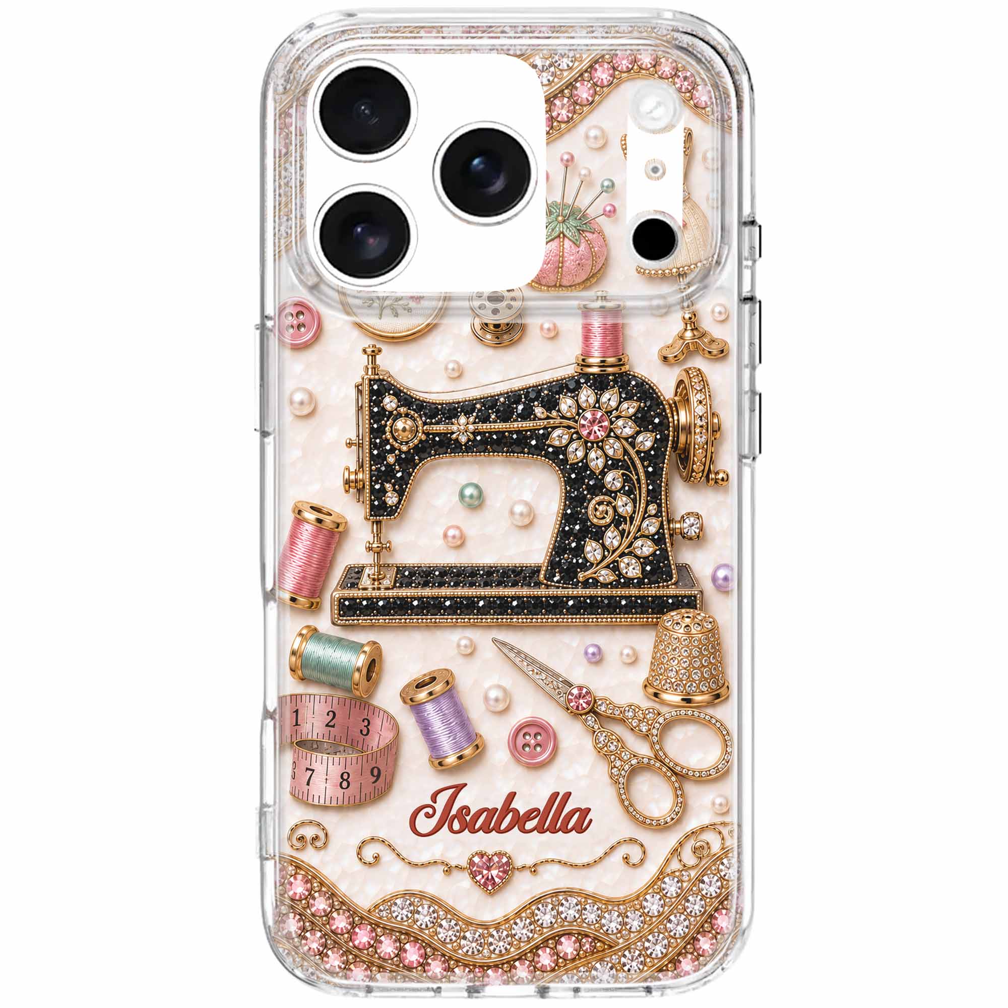 Personalized Clear Phone Case with 3D Rhinestone Sewing Design for Mom, Grandma, Craft Lovers Clear Phone Case GradoCreations