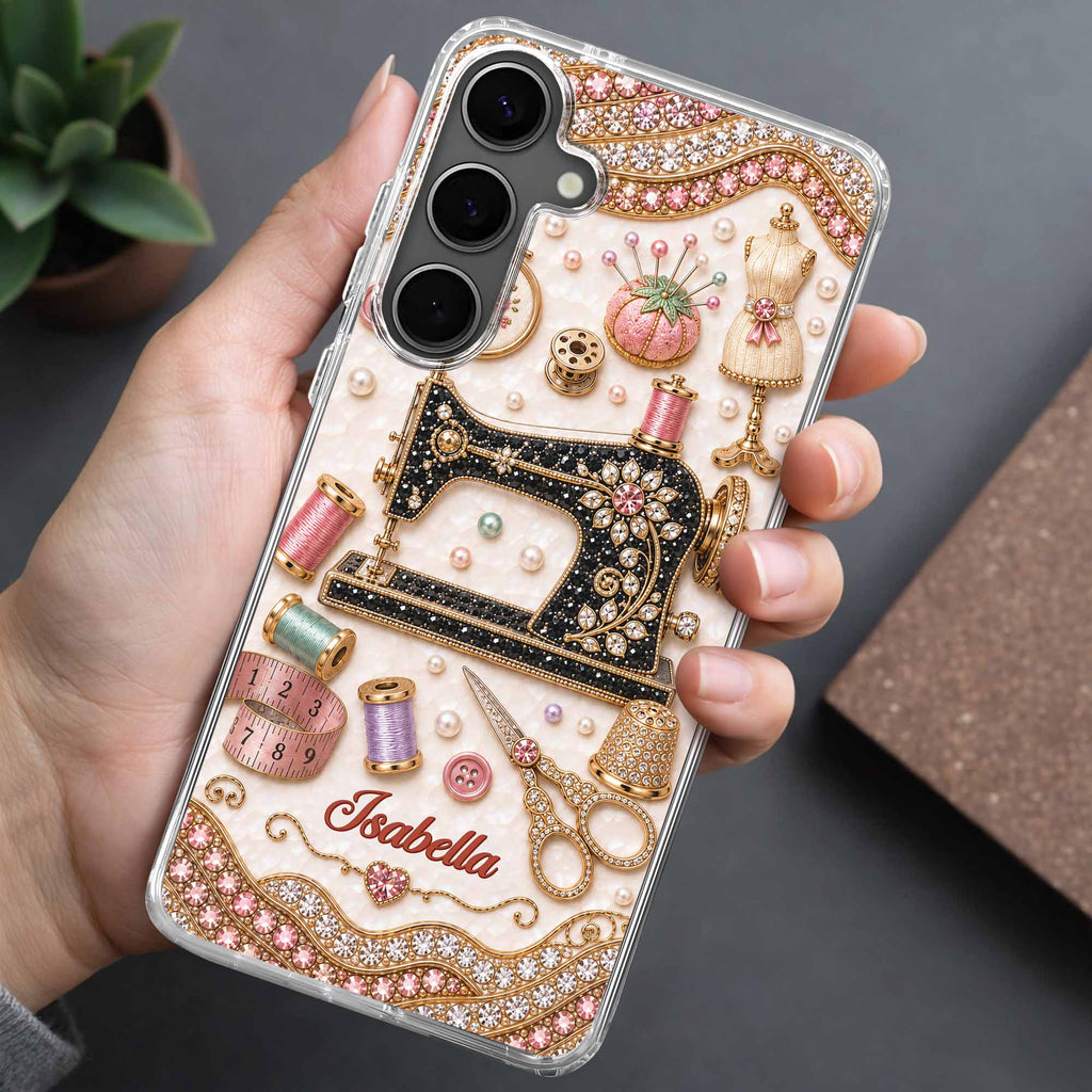 Personalized Clear Phone Case with 3D Rhinestone Sewing Design for Mom, Grandma, Craft Lovers Clear Phone Case GradoCreations