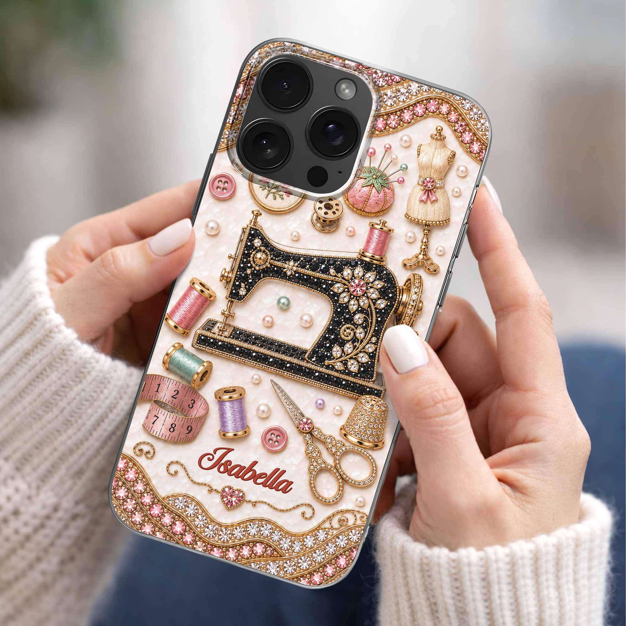 Personalized Clear Phone Case with 3D Rhinestone Sewing Design for Mom, Grandma, Craft Lovers Clear Phone Case GradoCreations