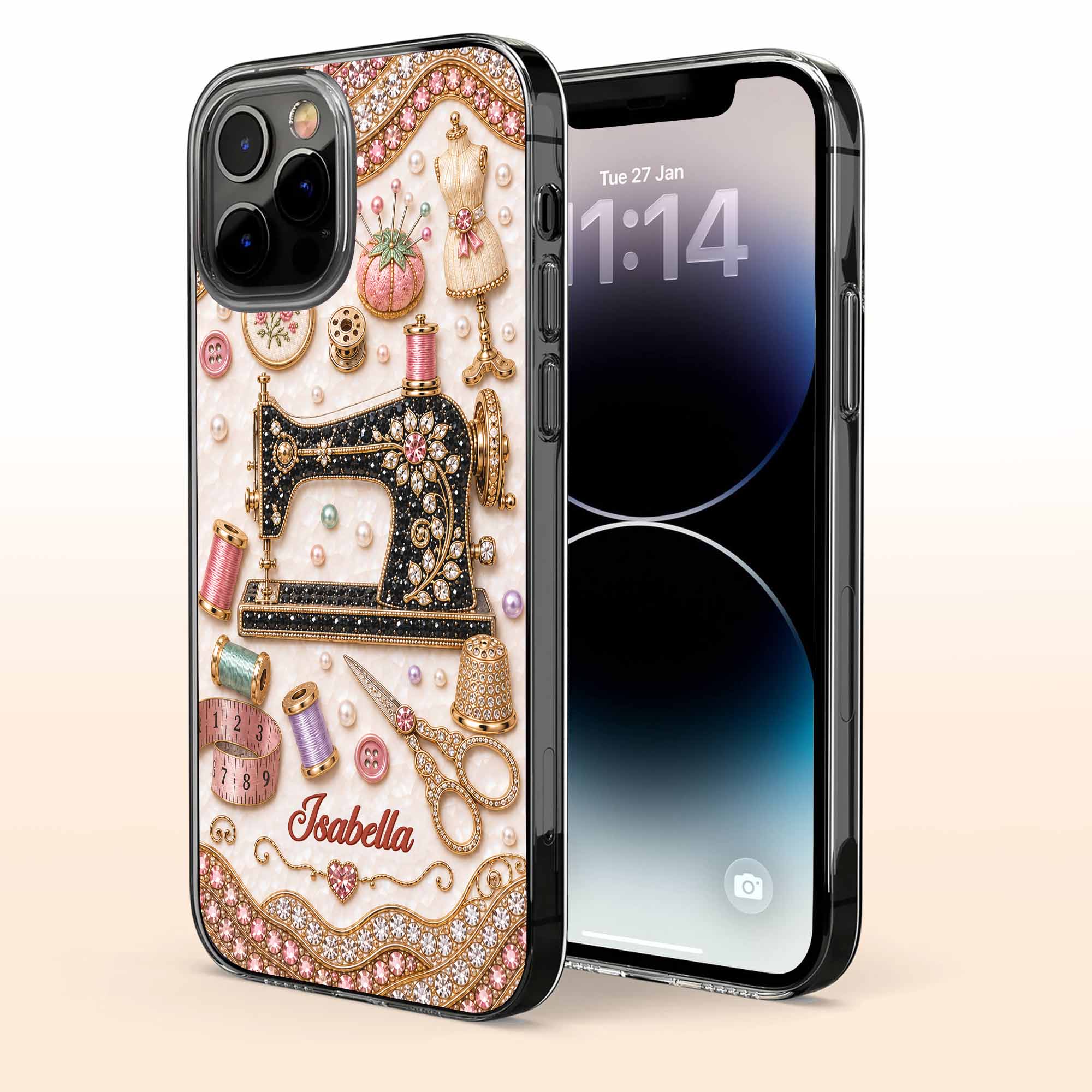 Personalized Clear Phone Case with 3D Rhinestone Sewing Design for Mom, Grandma, Craft Lovers Clear Phone Case GradoCreations