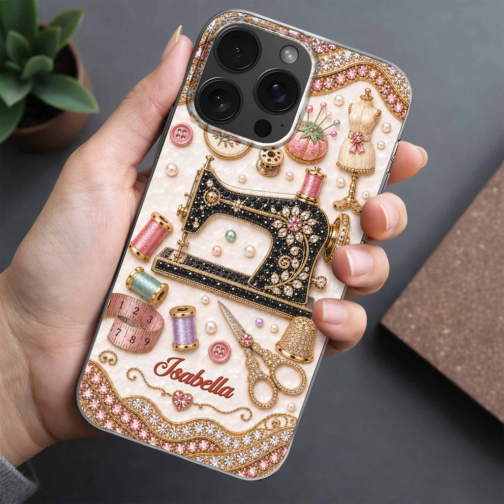 Personalized Clear Phone Case with 3D Rhinestone Sewing Design for Mom, Grandma, Craft Lovers Clear Phone Case GradoCreations