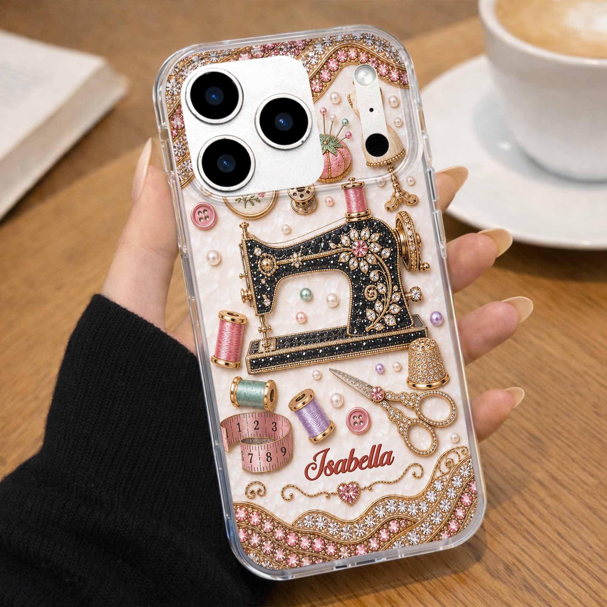 Personalized Clear Phone Case with 3D Rhinestone Sewing Design for Mom, Grandma, Craft Lovers Clear Phone Case GradoCreations