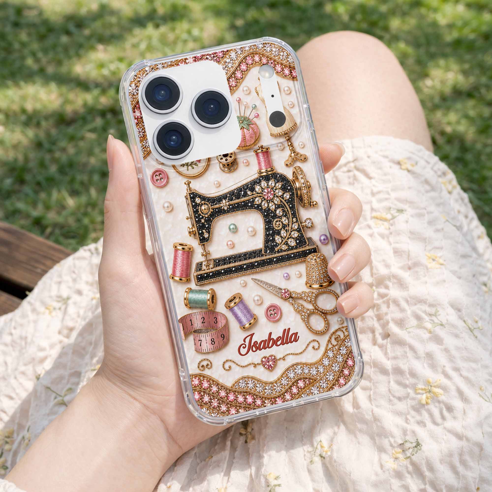 Personalized Clear Phone Case with 3D Rhinestone Sewing Design for Mom, Grandma, Craft Lovers Clear Phone Case GradoCreations