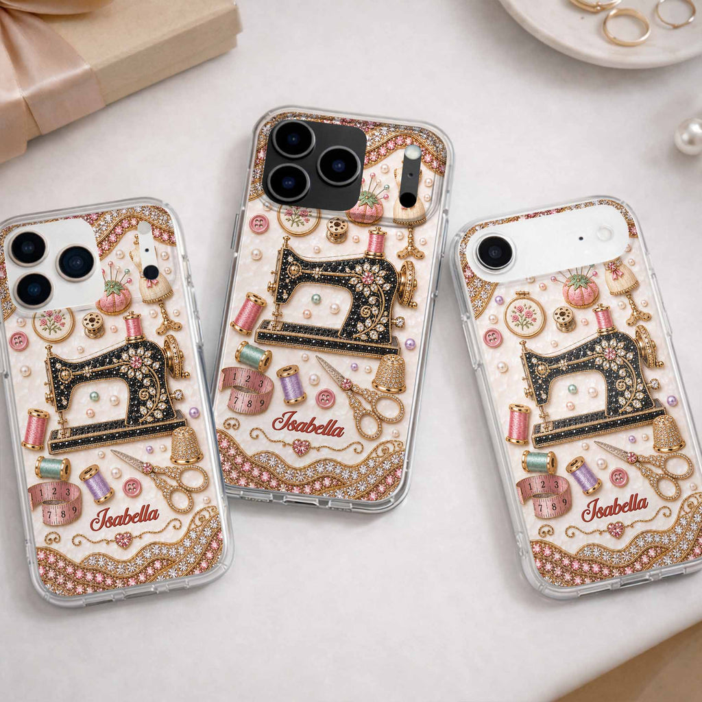 Personalized Clear Phone Case with 3D Rhinestone Sewing Design for Mom, Grandma, Craft Lovers Clear Phone Case GradoCreations