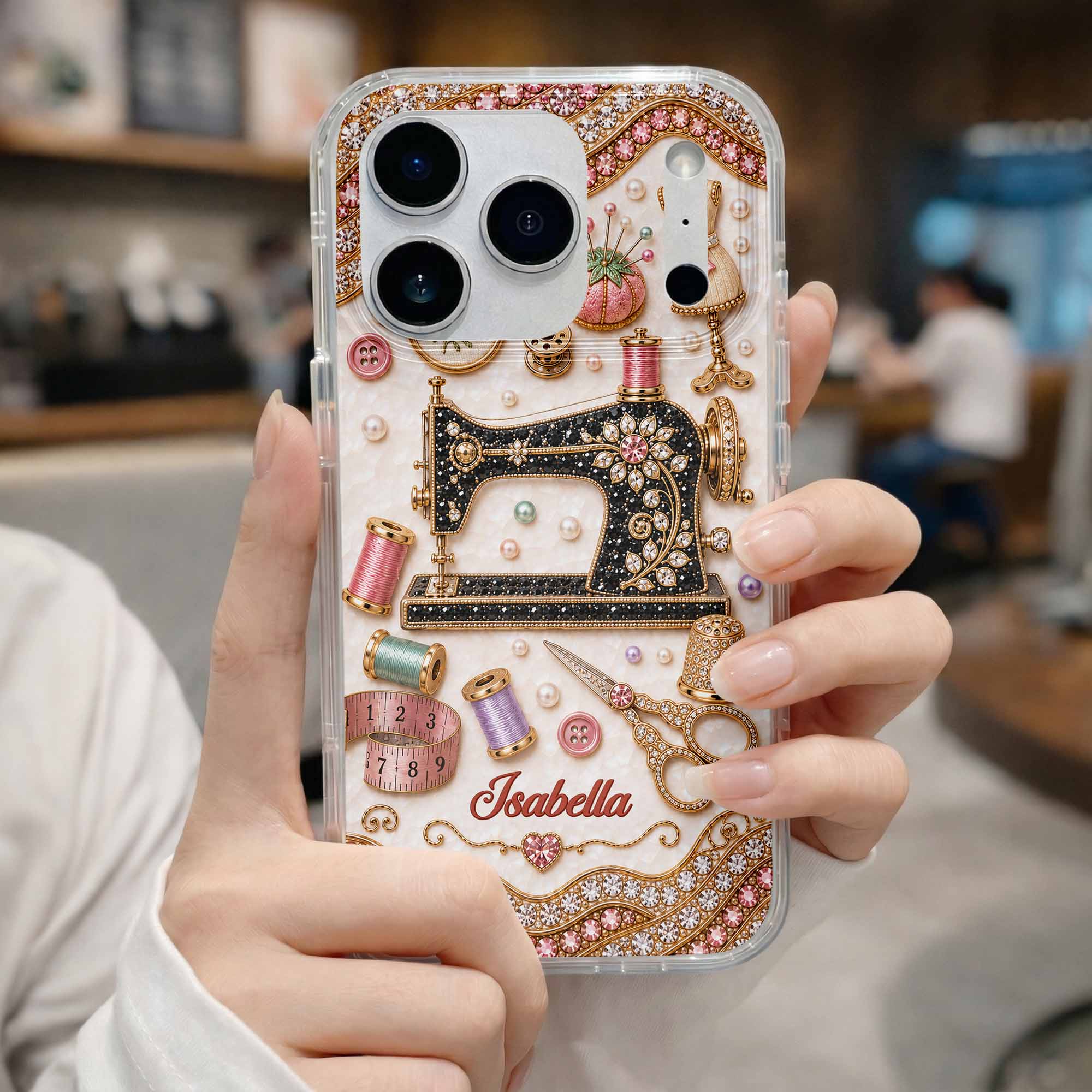 Personalized Clear Phone Case with 3D Rhinestone Sewing Design for Mom, Grandma, Craft Lovers Clear Phone Case GradoCreations