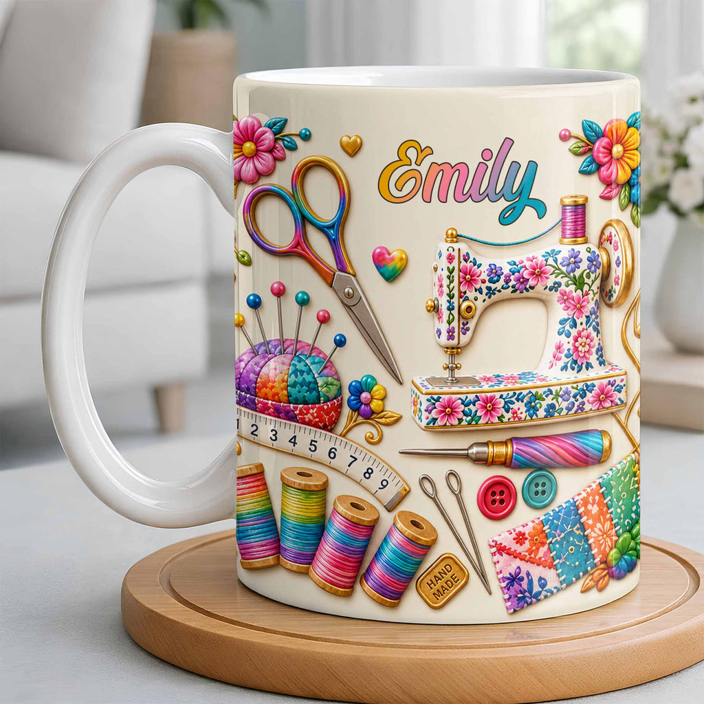 Personalized Custom Coffee Mug with Sewing Theme Gift for Crafters Edge-to-edge Mug GradoCreations