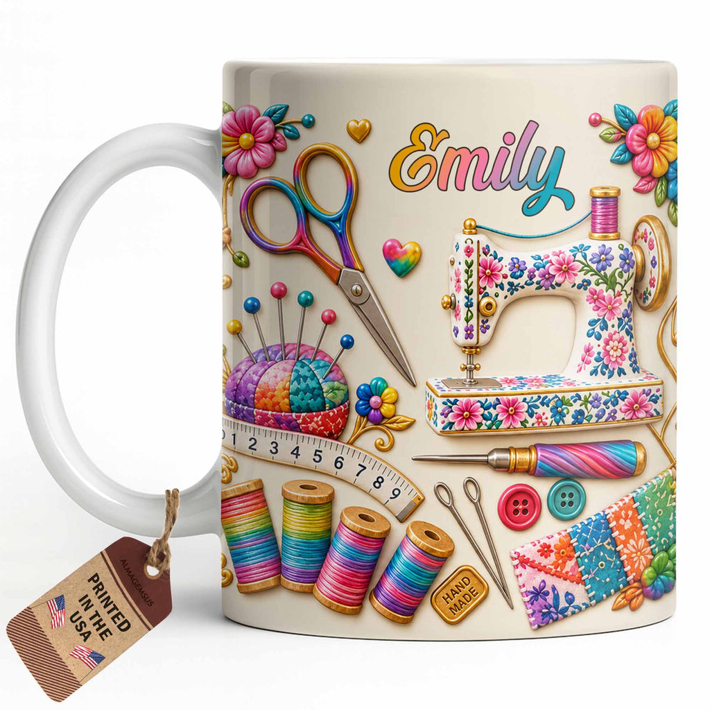 Personalized Custom Coffee Mug with Sewing Theme Gift for Crafters Edge-to-edge Mug GradoCreations