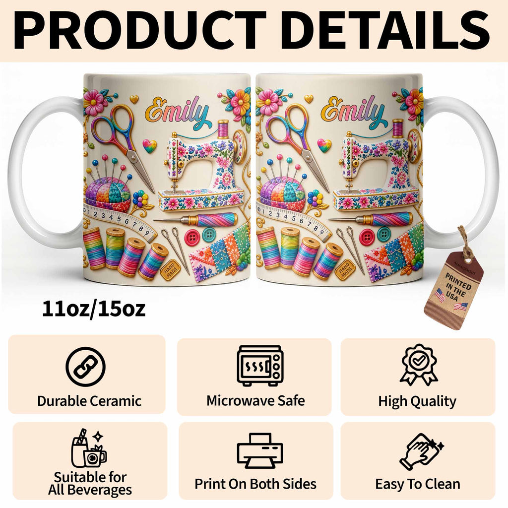 Personalized Custom Coffee Mug with Sewing Theme Gift for Crafters Edge-to-edge Mug GradoCreations