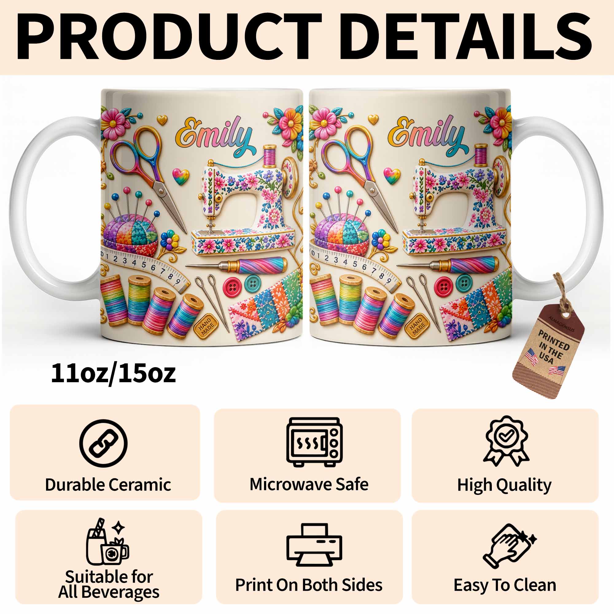 Personalized Custom Coffee Mug with Sewing Theme Gift for Crafters Edge-to-edge Mug GradoCreations