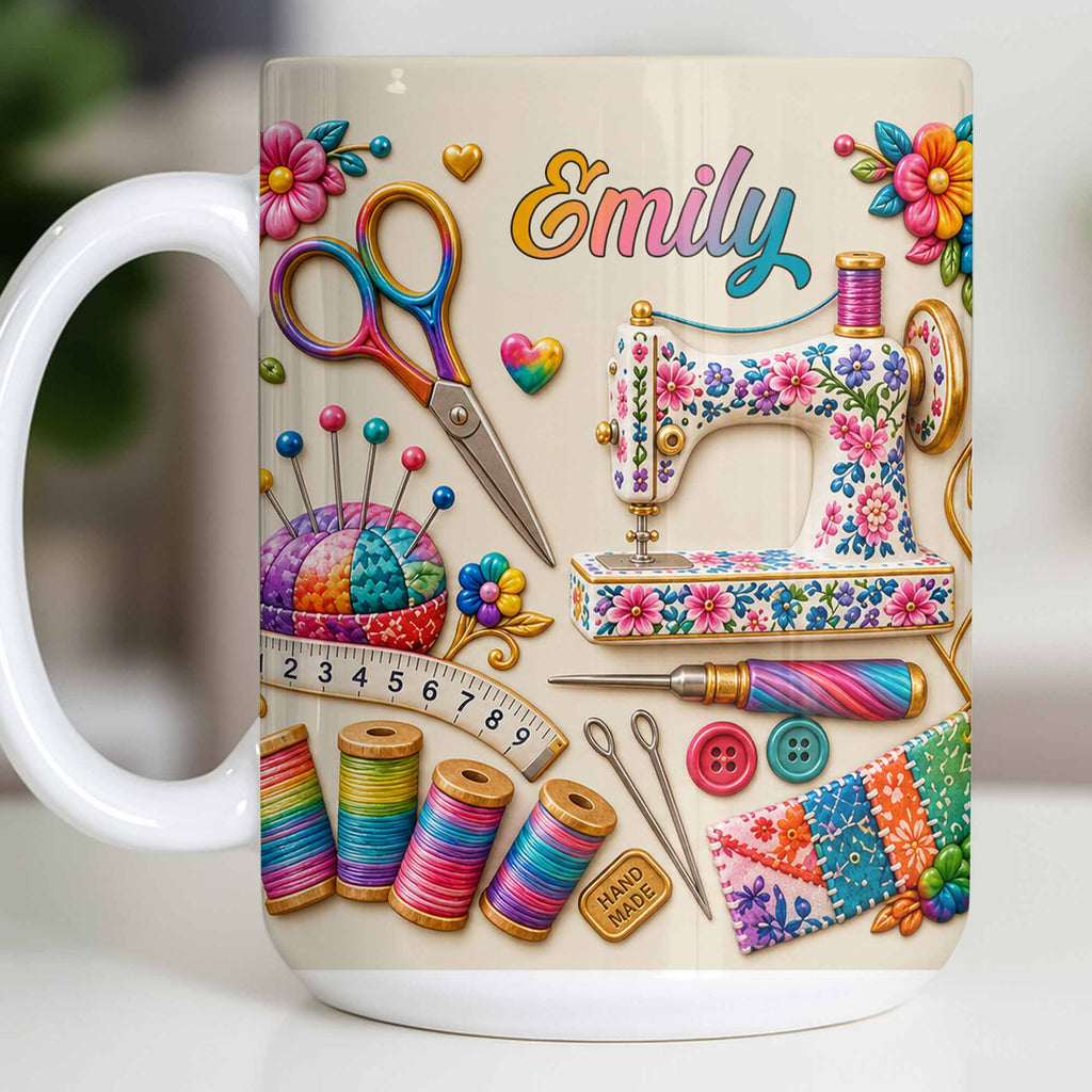 Personalized Custom Coffee Mug with Sewing Theme Gift for Crafters Edge-to-edge Mug GradoCreations