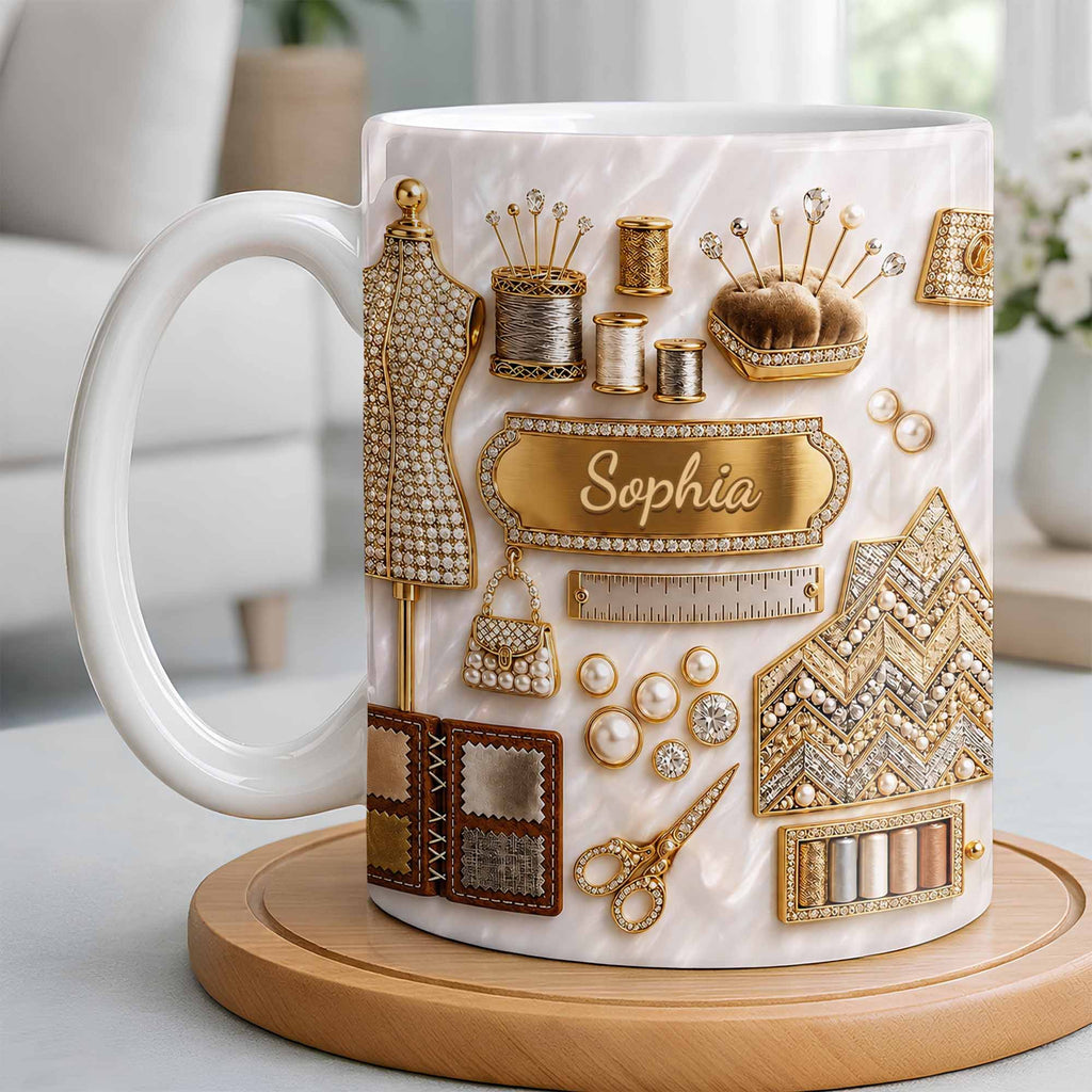 Personalized 3D Golden Sewing Machine Mug Custom Name Gift for Crafters Edge-to-edge Mug GradoCreations