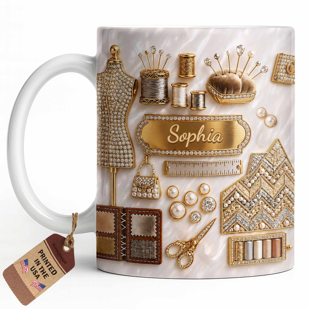 Personalized 3D Golden Sewing Machine Mug Custom Name Gift for Crafters Edge-to-edge Mug GradoCreations