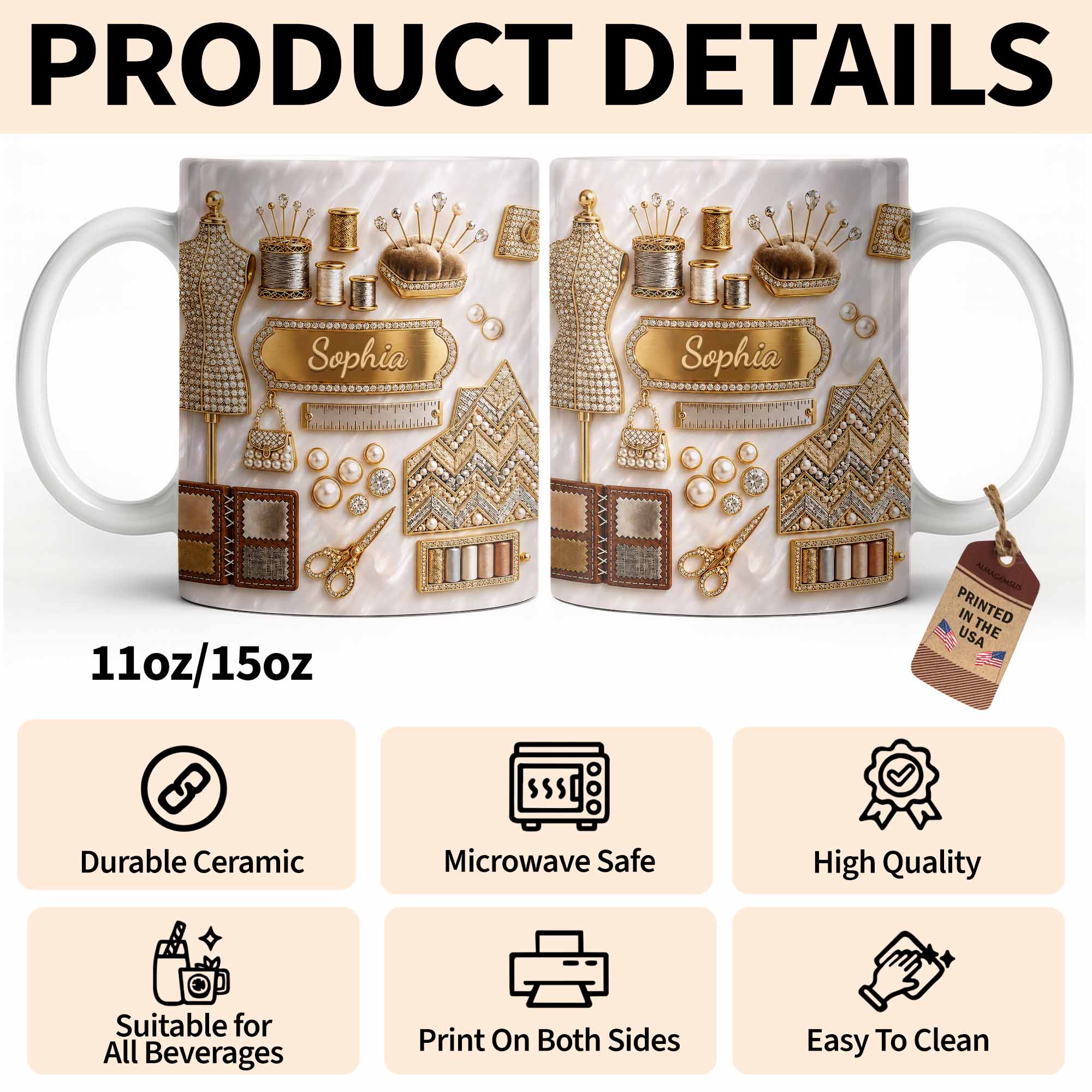 Personalized 3D Golden Sewing Machine Mug Custom Name Gift for Crafters Edge-to-edge Mug GradoCreations