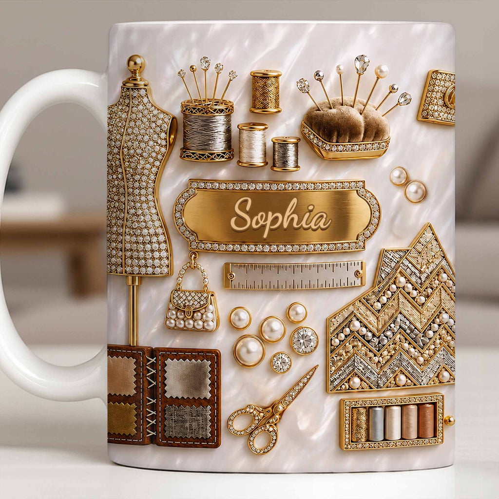 Personalized 3D Golden Sewing Machine Mug Custom Name Gift for Crafters Edge-to-edge Mug GradoCreations