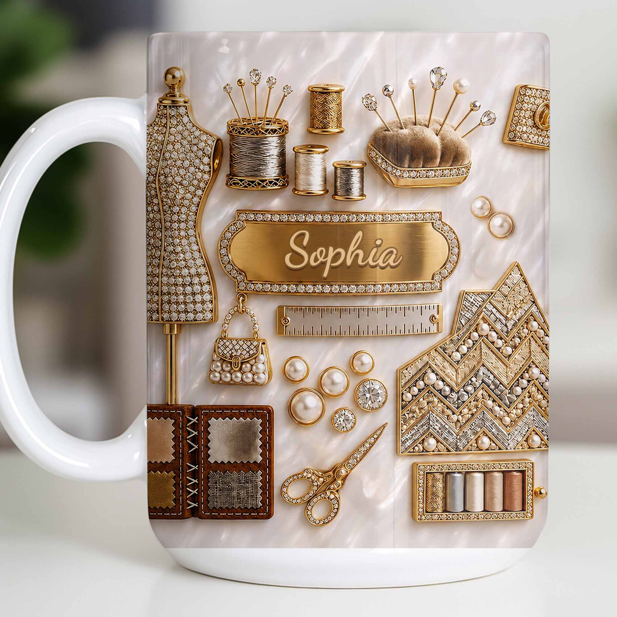 Personalized 3D Golden Sewing Machine Mug Custom Name Gift for Crafters Edge-to-edge Mug GradoCreations